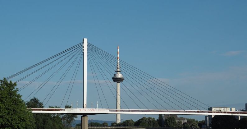 Schumacher - Mannheim Telecommunications Tower and Kurt Schumacher Bridge in Germany Under Blue Sky